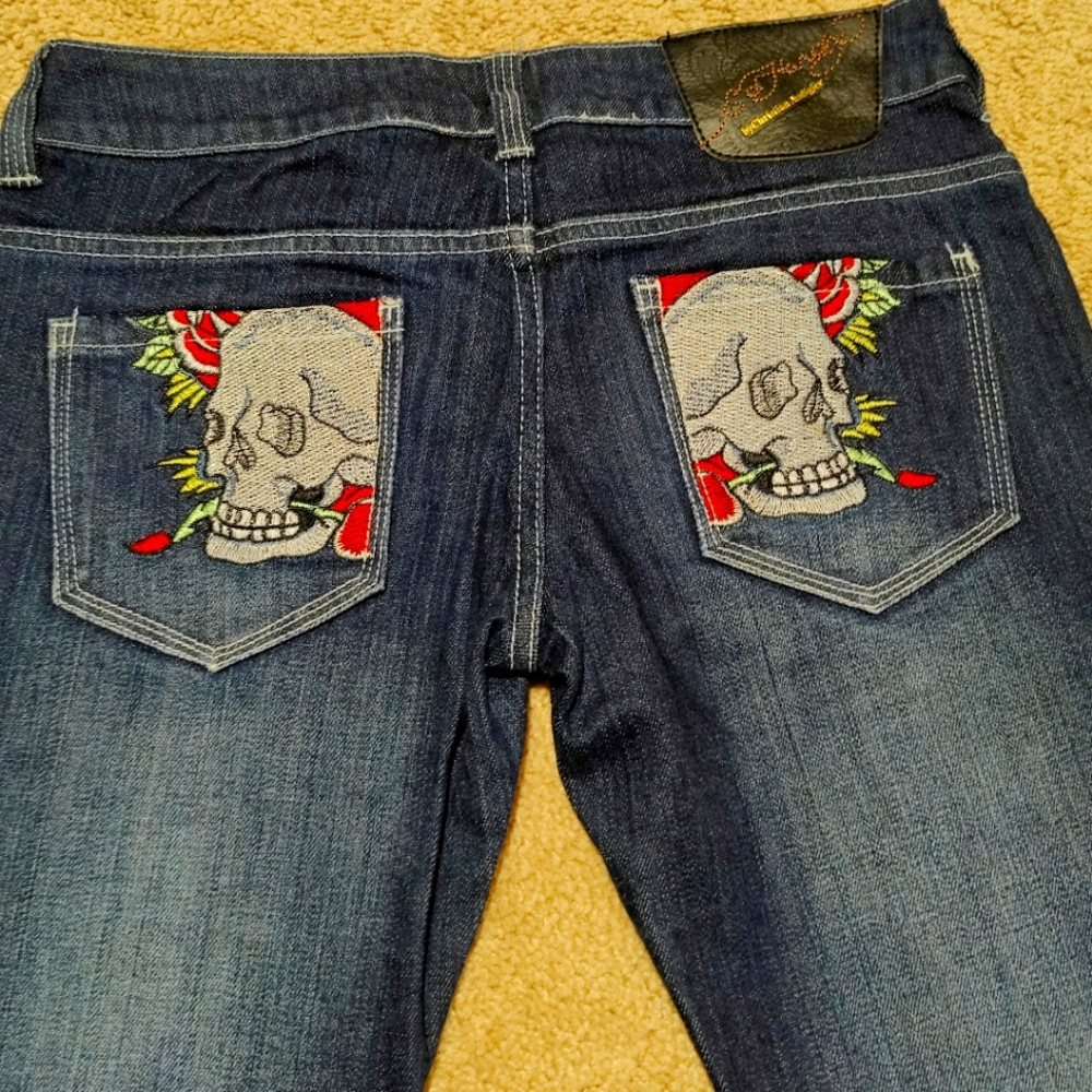 ED HARDY by Christian Audigier Skull and Rose Bootcut Denim Jeans Y2K
